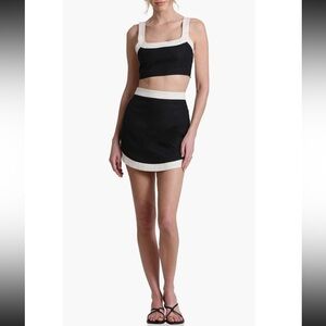 7 for all Mankind Black Ivory Colorblock Linen Blend Crop Top Mini Skirt Set, M